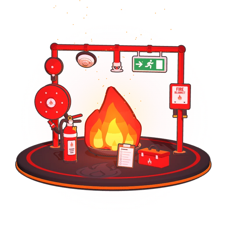 Cartoon fire-systems test rig: a flame in a training pan surrounded by an extinguisher, hose reel, sprinkler, smoke alarm, bell, exit light and fire blanket.